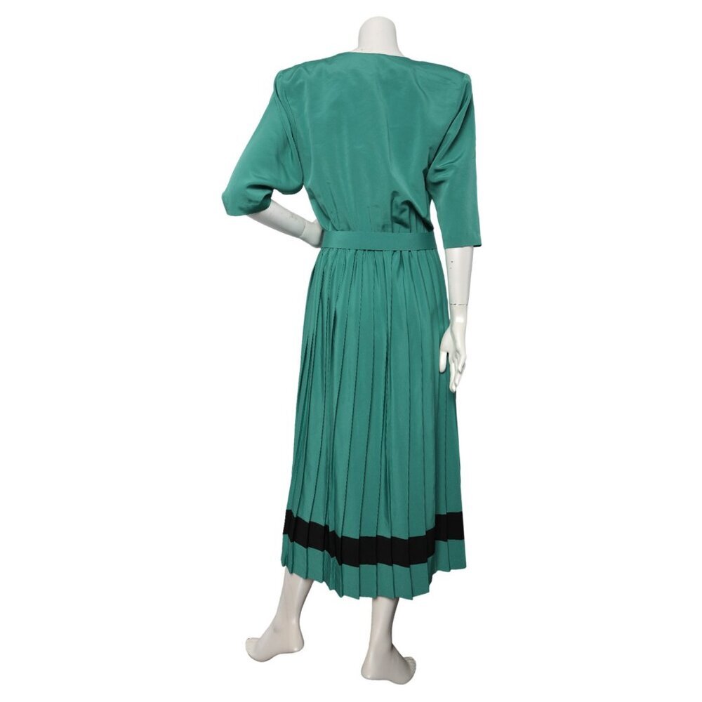 Vintage Joseph Ribkoff Green Pleated Midi Dress 80s Secretary Shoulder Pads - Picture 4 of 13